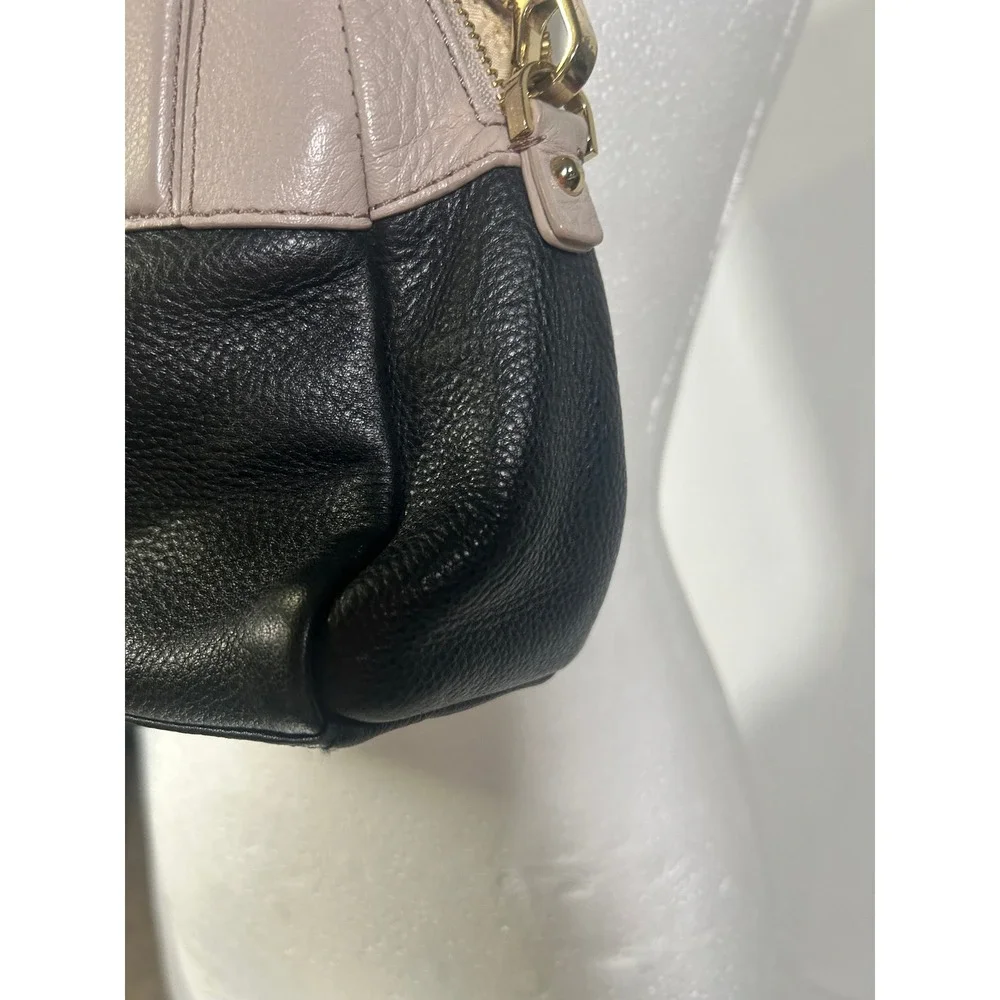 Kate Spade New York Pebble Leather Two Tone Satchel Handbag Black Beige Gold#256
